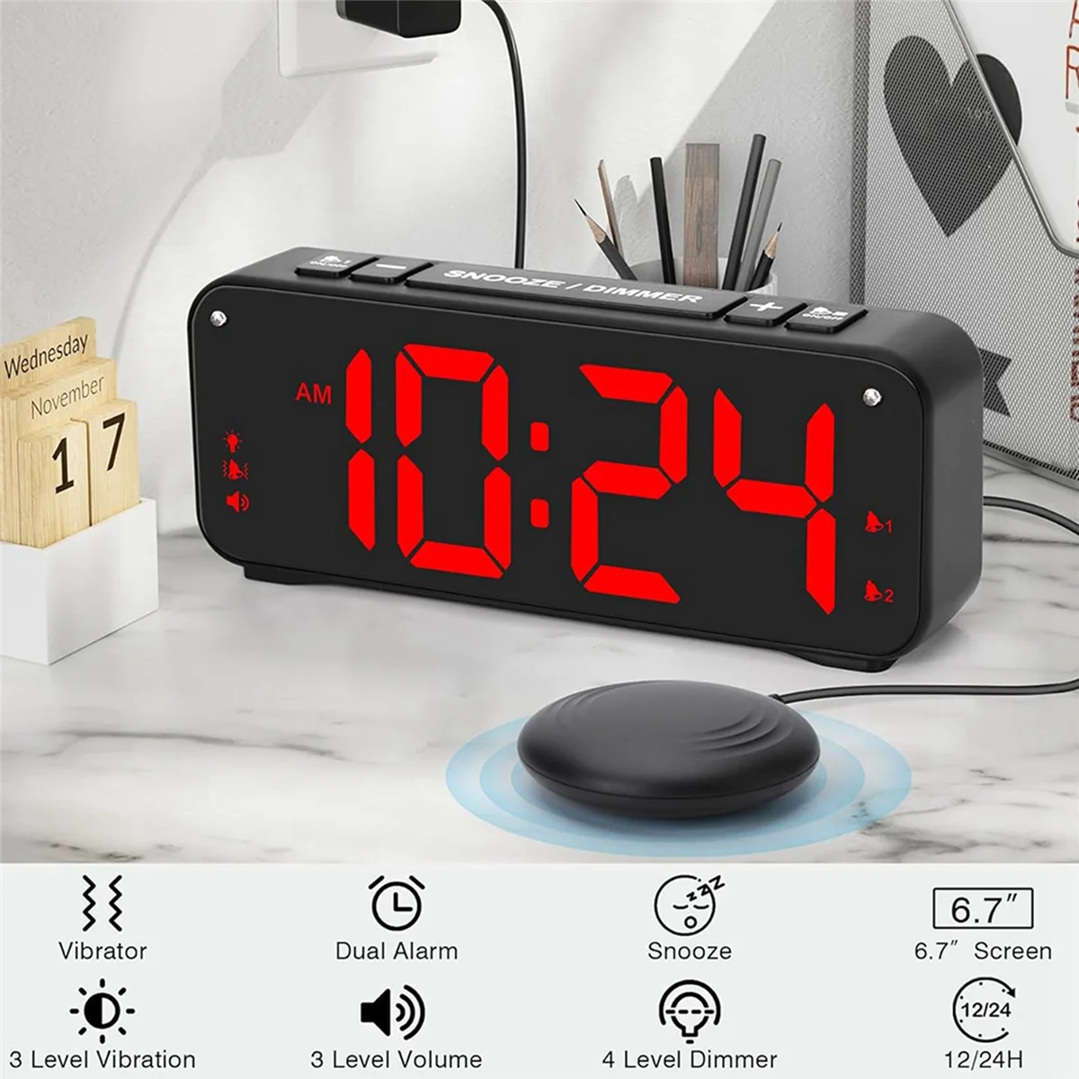 ETRT 2X Reloj despertador ruidoso para adultos pesados, despertador doble con agitador de cama, para dormitorios, pantalla de 6,5 pulgadas con atenuador