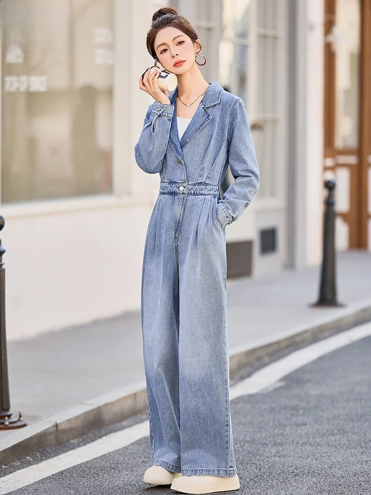 

Retro Design Denim Jumpsuit Women's Spring Autumn New Sle Elegance Youth Waist Cinching Slimming Wide Leg One-Piece Suit