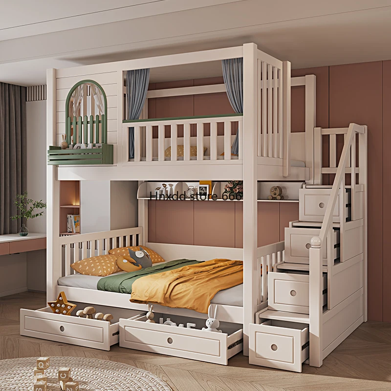 Solid wood children's bed with high guardrail and mother bed