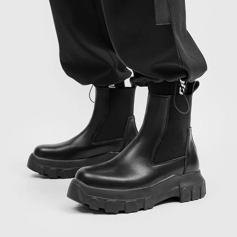 Men Boots Chelsea Genuine Leather Zip Platform Increasing Ankle Shoes Casual High Street Vintage Luxury Sneakers Gothic Owen