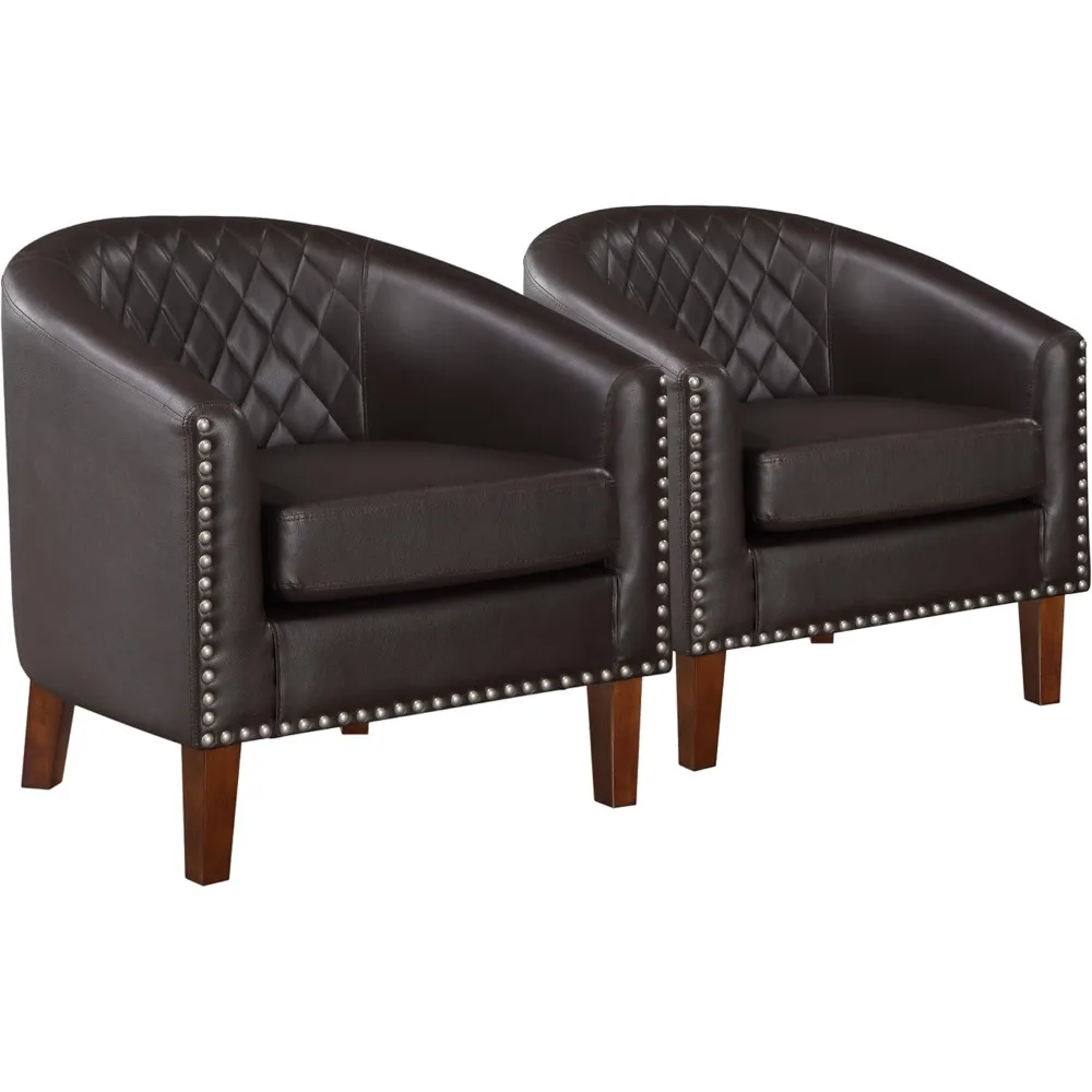 Accent Chair Set of 2 - Faux Leather Living Room Chair Club Chair with Cushion,Diamond Grid Backrest & Nailhead Trim