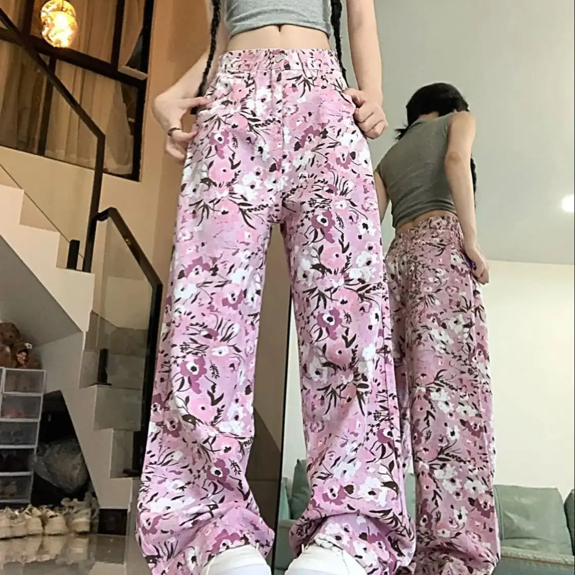 

Jeans Floral Design American High Street Retro Niche Heavy Industry Women'S 2024 New Straight-Leg Floor-Length Trousers