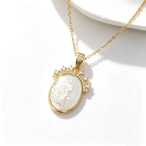 Luxury Natural Shell Oval Cameo Halo Virgin Mary St Benedict St Michael Crown Zircon Necklace Religious Jewelry Women Neck Chain