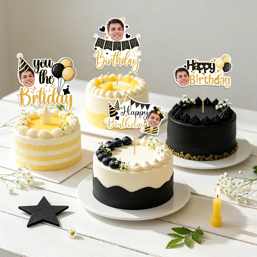 Personalisierter Gesichts-Kuchenaufsatz mit Foto, Happy Birthday Cupcake Picks, Schwarz-Gold Themen-Party Dekorationszubehör
