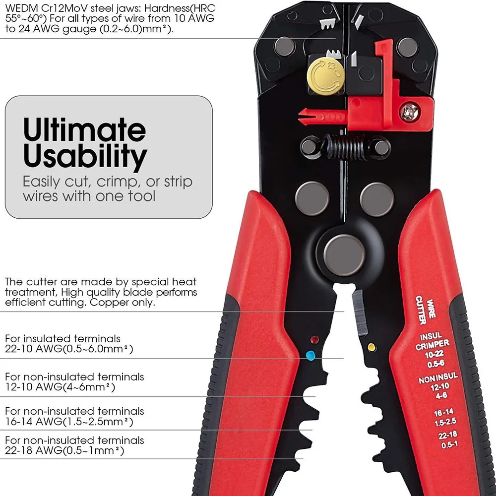 Self-Adjusting Wire Stripper Cutter, Wire Crimping Tool Wire Pliers for Wire Stripping, Cutting, Crimping 10-24 AWG (0.2-6.0mm²)