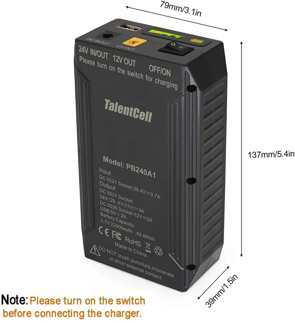 Imagem -03 - Bateria Recarregável do Íon de Lítio Talentcell Bateria do Li-íon 24v 25.9v 3200mah 63.88wh com cc 24v 12v Saída 5v Pb240a1