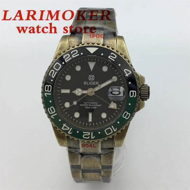 Jam tangan pria 40mm jam tangan otomatis menyelam NH34 huruf GMT perunggu gelang tiram keramik bezel bercahaya