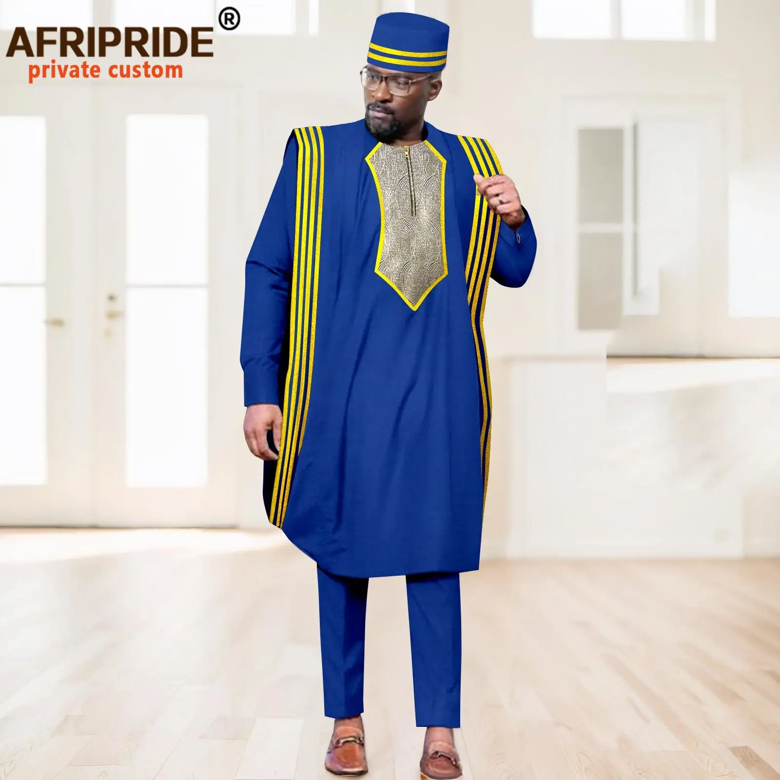 African Traditional Clothes for Men Embroidery Agbada Robe Shirts Pants and Hats 4 Pieces Set Dashiki Outfits Wedding 2416111