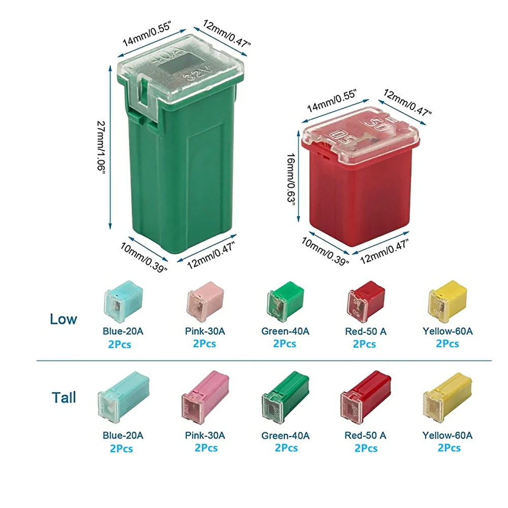 20Pcs Mini Car Fuse Combination Kit Square Fuse 20A 30A 40A 50A 60A AMP Set Automotive Car Fuse With Plastic Box