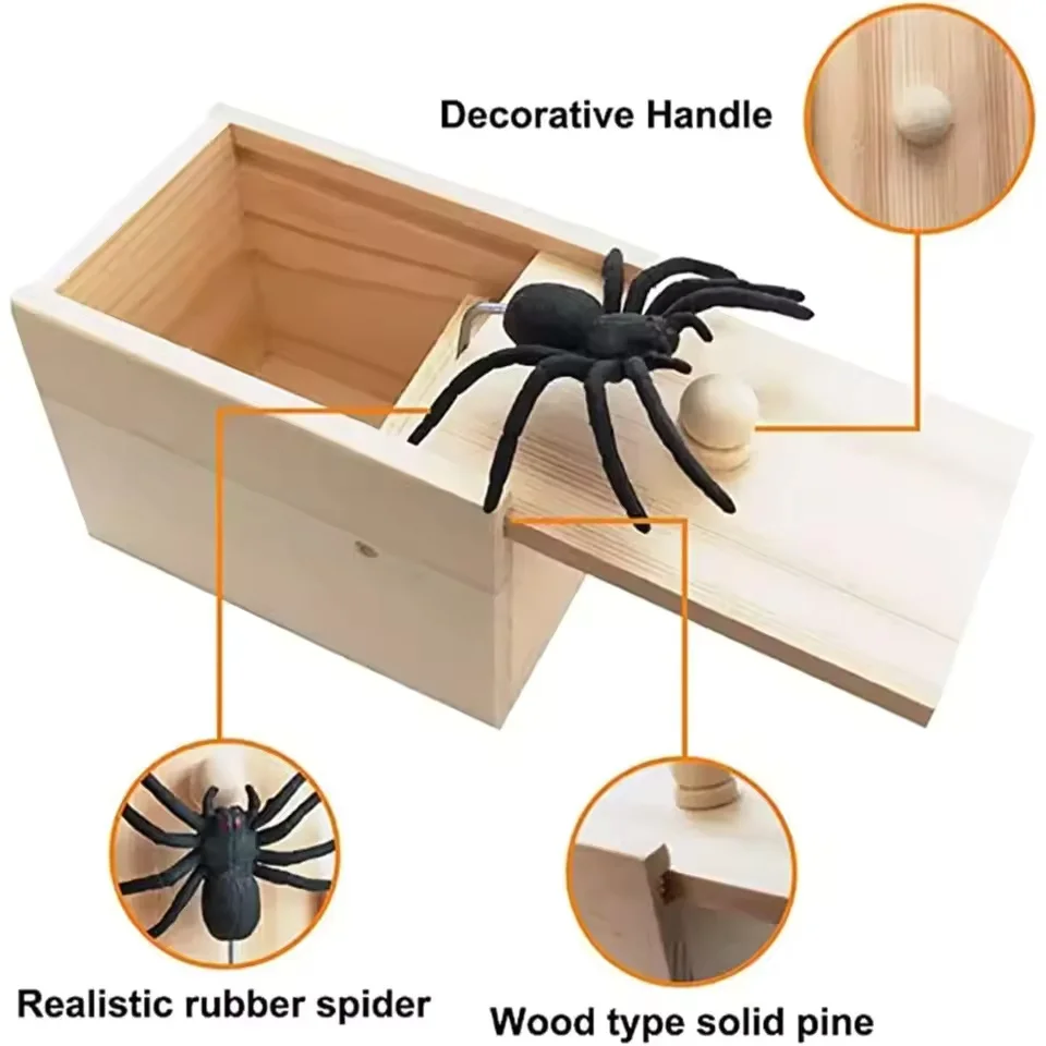 Funny Wooden Prank Trick Practical Joke Home Office Scare Toy Box Gag Spider Kid Parents Friend Play Joke Gift Surprising