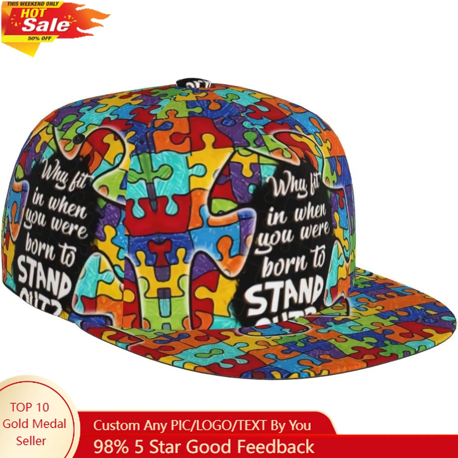 

Autism Awareness Flat Bill Baseball Cap - Adjustable Snapback Hats for Women & Men