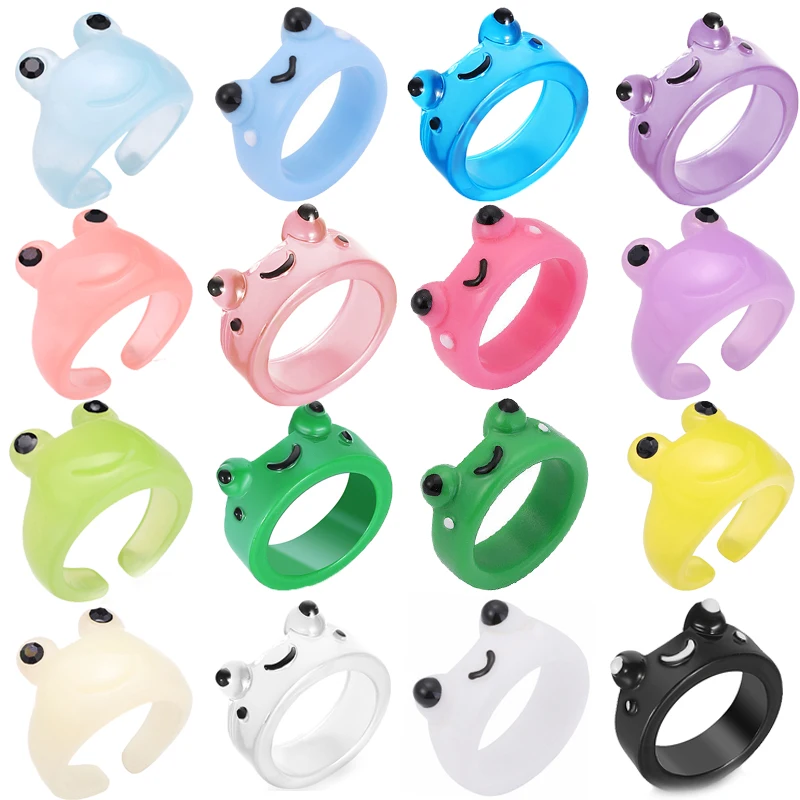 Cute Color Frog Opening Rings Men Women Resin Transparent Colorful Acrylic Comic Cartoon Animal Ring Hip Hop Party Jewelry Gifts