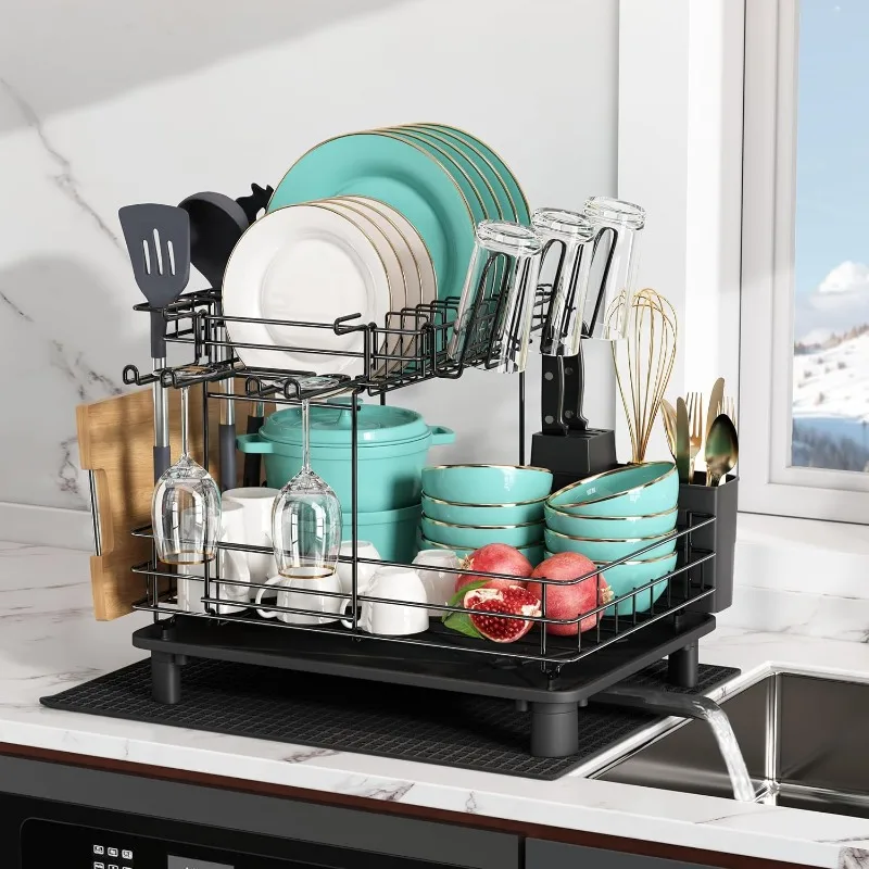 Kitchen Dish Drying Rack, 2 Tier Dish Drainer for Kitchen Counter, Stainless Steel Dish Strainer with Drain Board