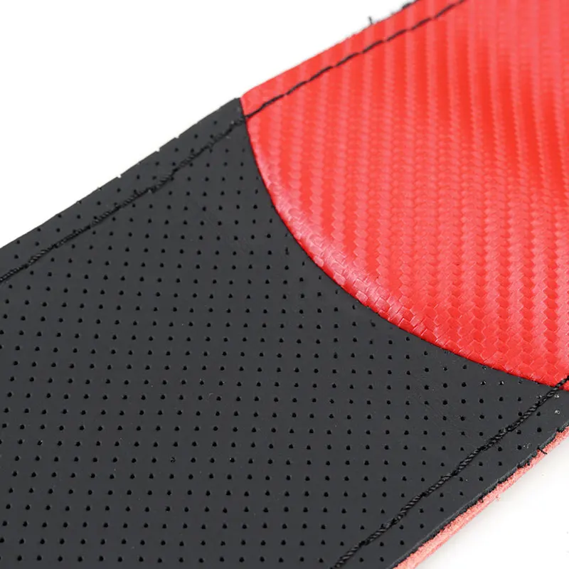 38cm Universal Steering Wheel Braid Cover Red Carbon Fiber + Black Perforated Leather Splice Covers Auto Interior Accessories