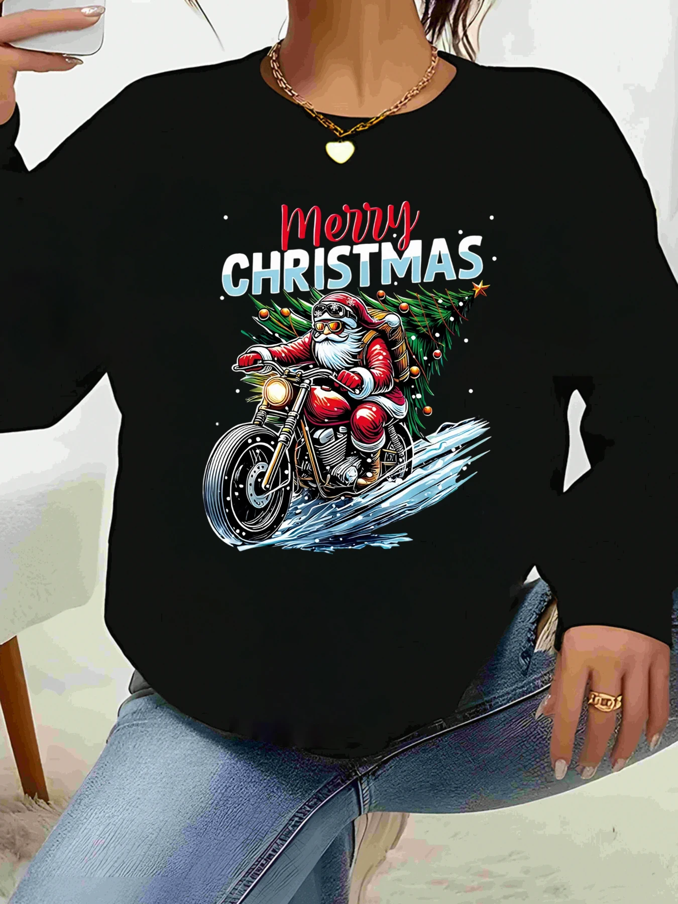 Kerstman rijden motorfiets vrolijk kerstfeest bedrukte top met lange mouwen vakantie feest dames vrijetijdskleding