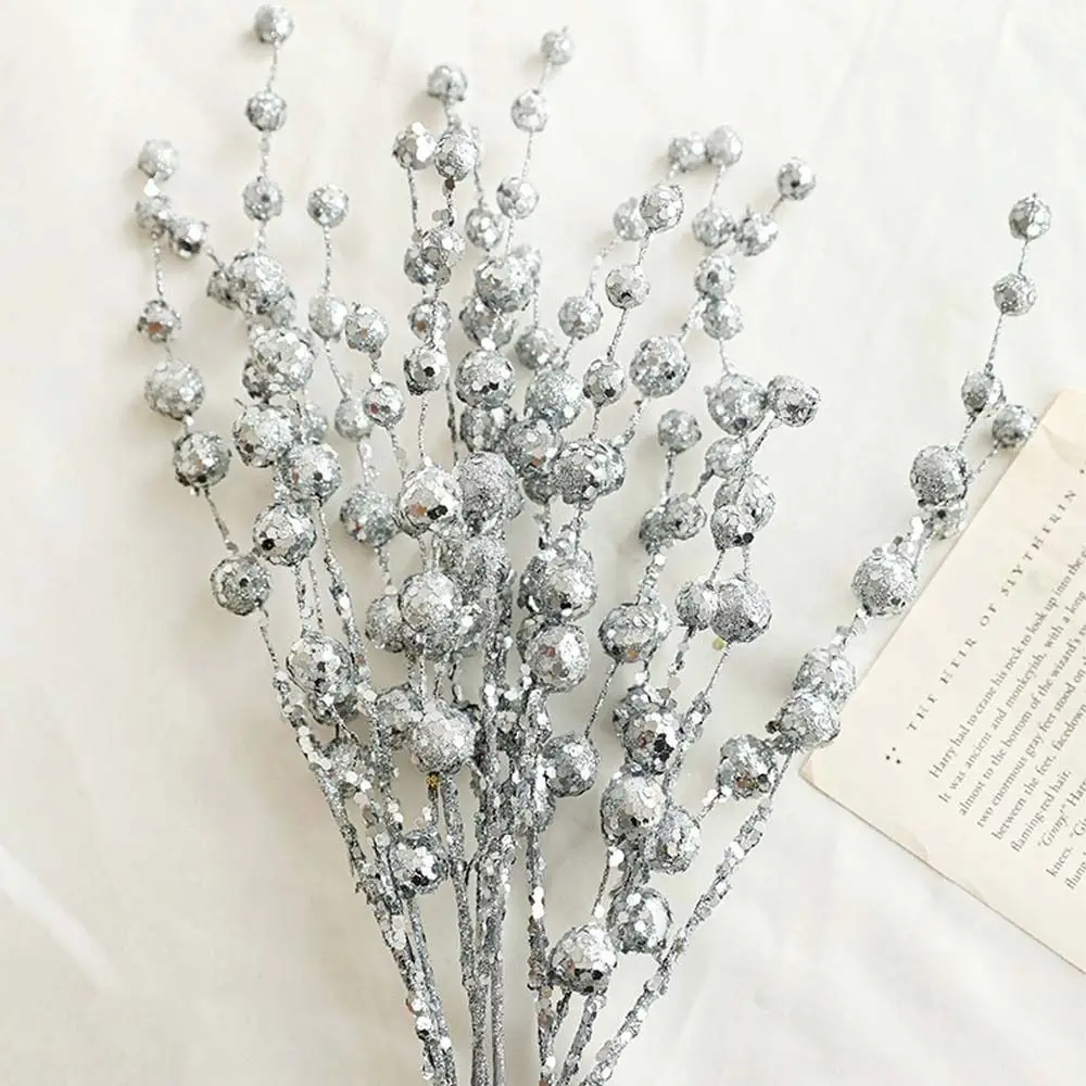

10PCS Sequins Artificial Christmas Glitter Branches Handmade Plastic Simulated Christmas Berry Stem Realistic DIY