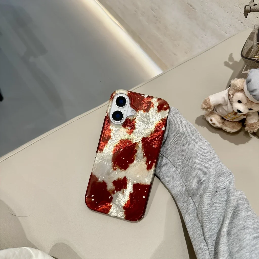 Illusory Color Brown Leopard Print Splash Ink Glossy Shockproof Protective Phone Cover Case for iPhone 16 15 14 13 Pro Max