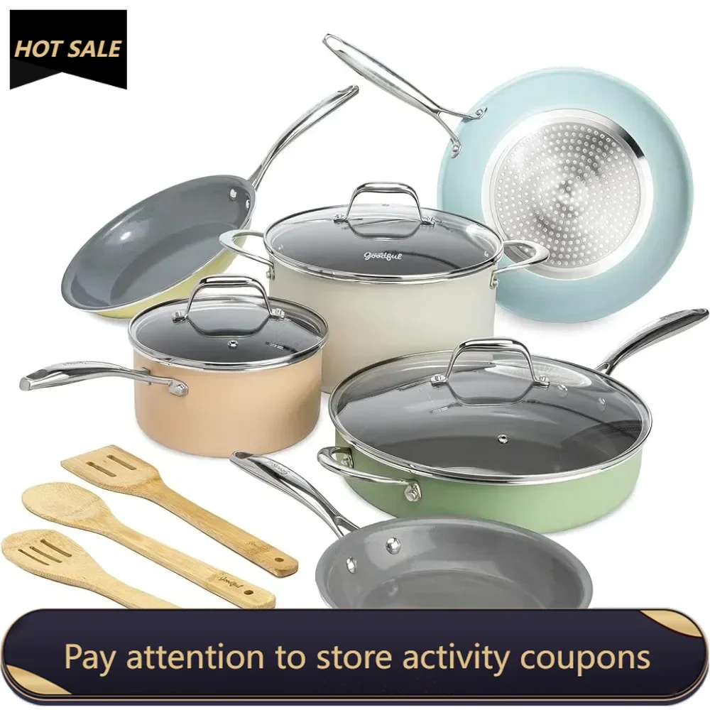 

12-Piece Cook Wear Tempered Glass Steam Vented Lids Kitchen Storages Titanium-Reinforced Premium Nonstick Coating Pot Set Clamp