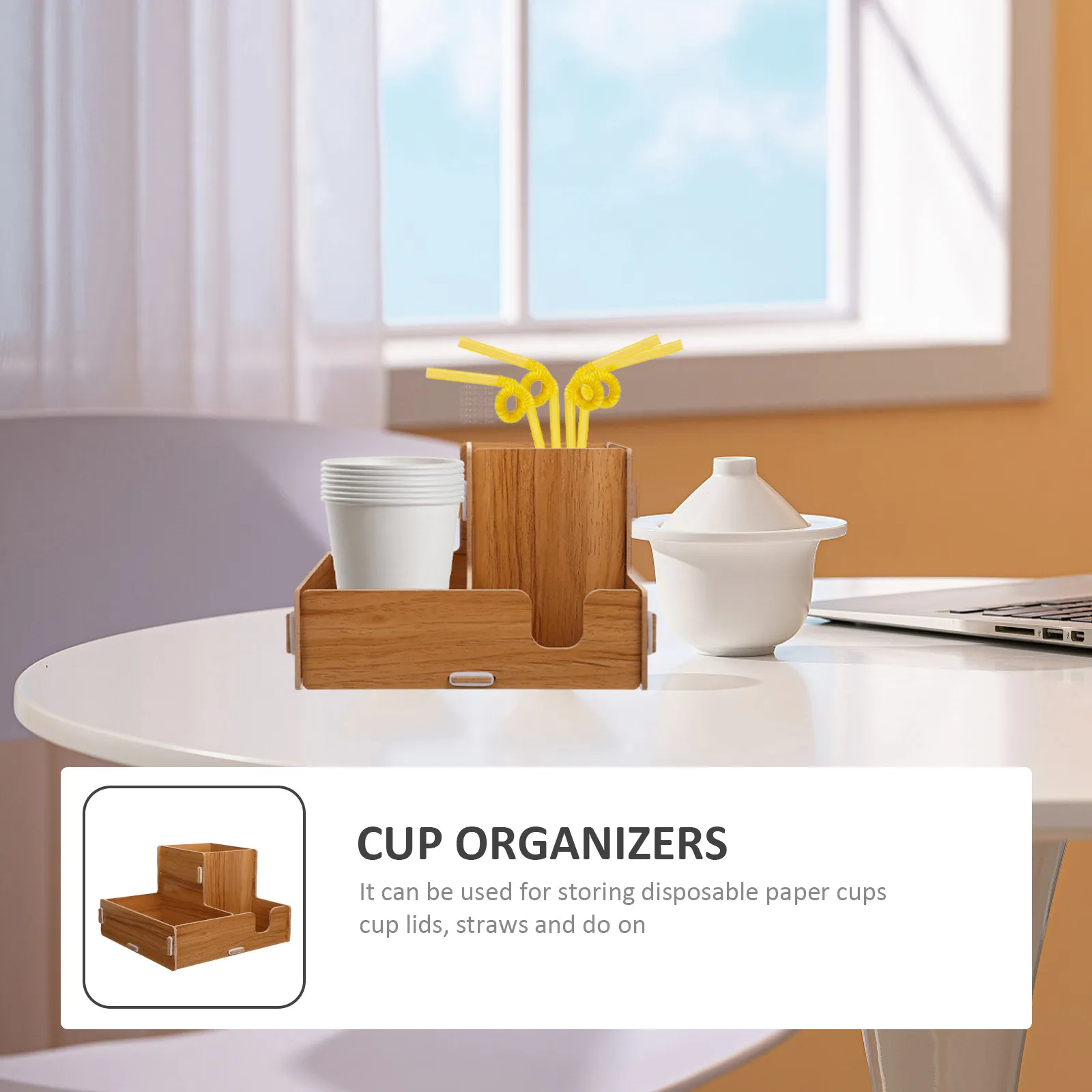 Premium Polished Wooden Cup Organizer with Separate Compartments for Disposable Cups Lids Straws Paper Towels Shop Home Use