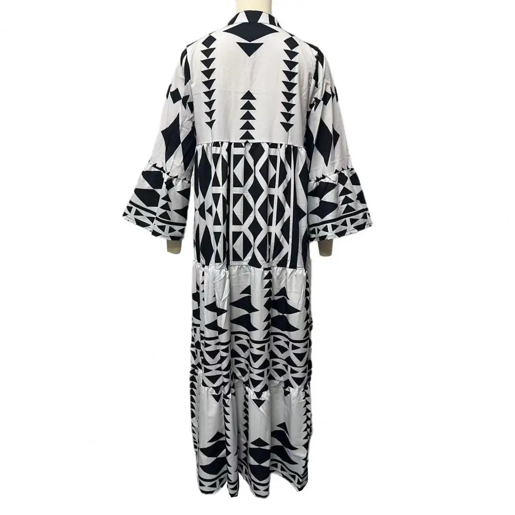 

Women Printed Dress Bohemian Geometric Print Patchwork Maxi Dress A-line Stand Collar Ankle Length Fall/spring Fashion for Women