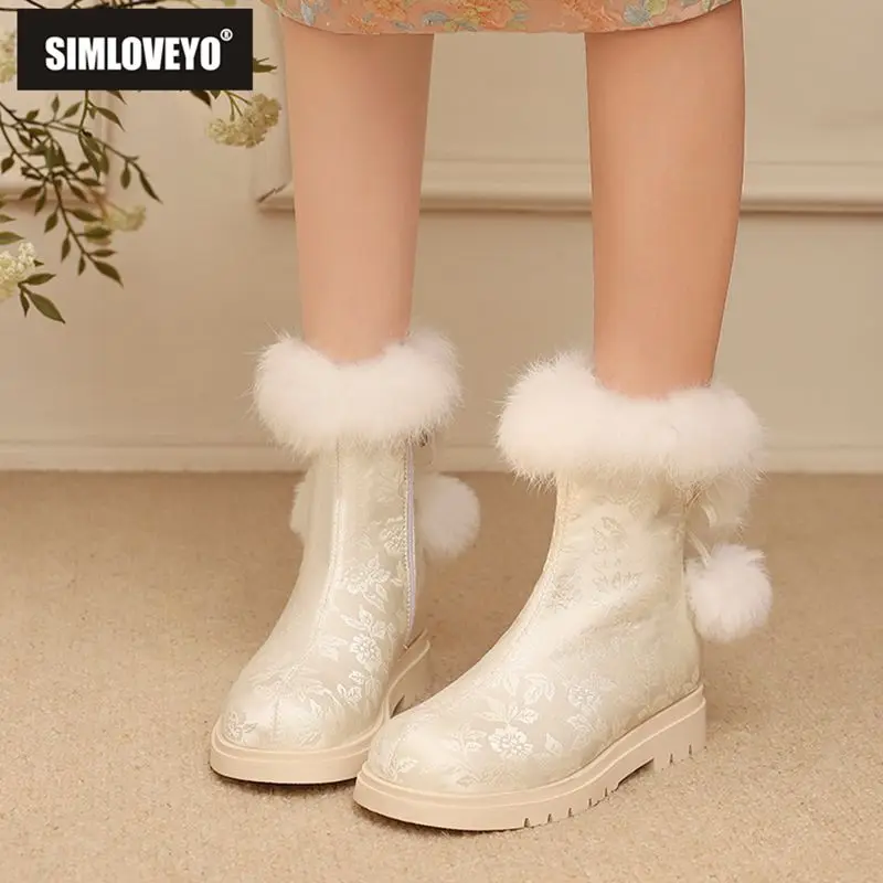 

SIMLOVEYO Brand Black Warm Women Mid Calf Boots Round Toe 2.5cm Lowe Heels Oversize 41 42 43 Zipper Flower Non Slip Girls Autumn