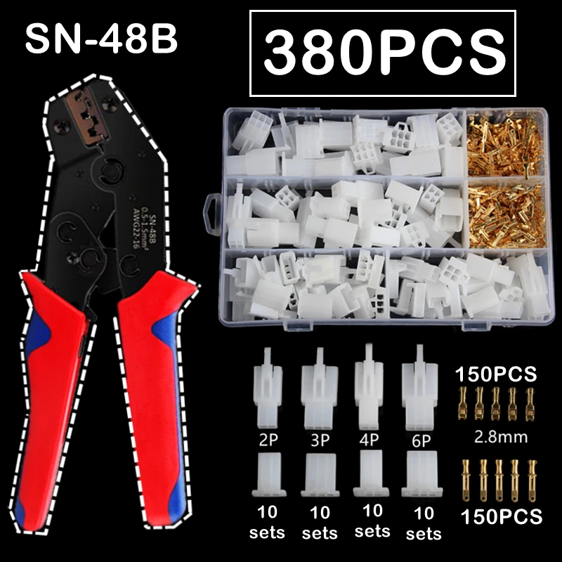 380PCS Car Motorcycle Electrical 2 3 4 6 Pin Male Female Terminals Wire Connector 2.8 Plug Kit /SN-48B Crimping Plier