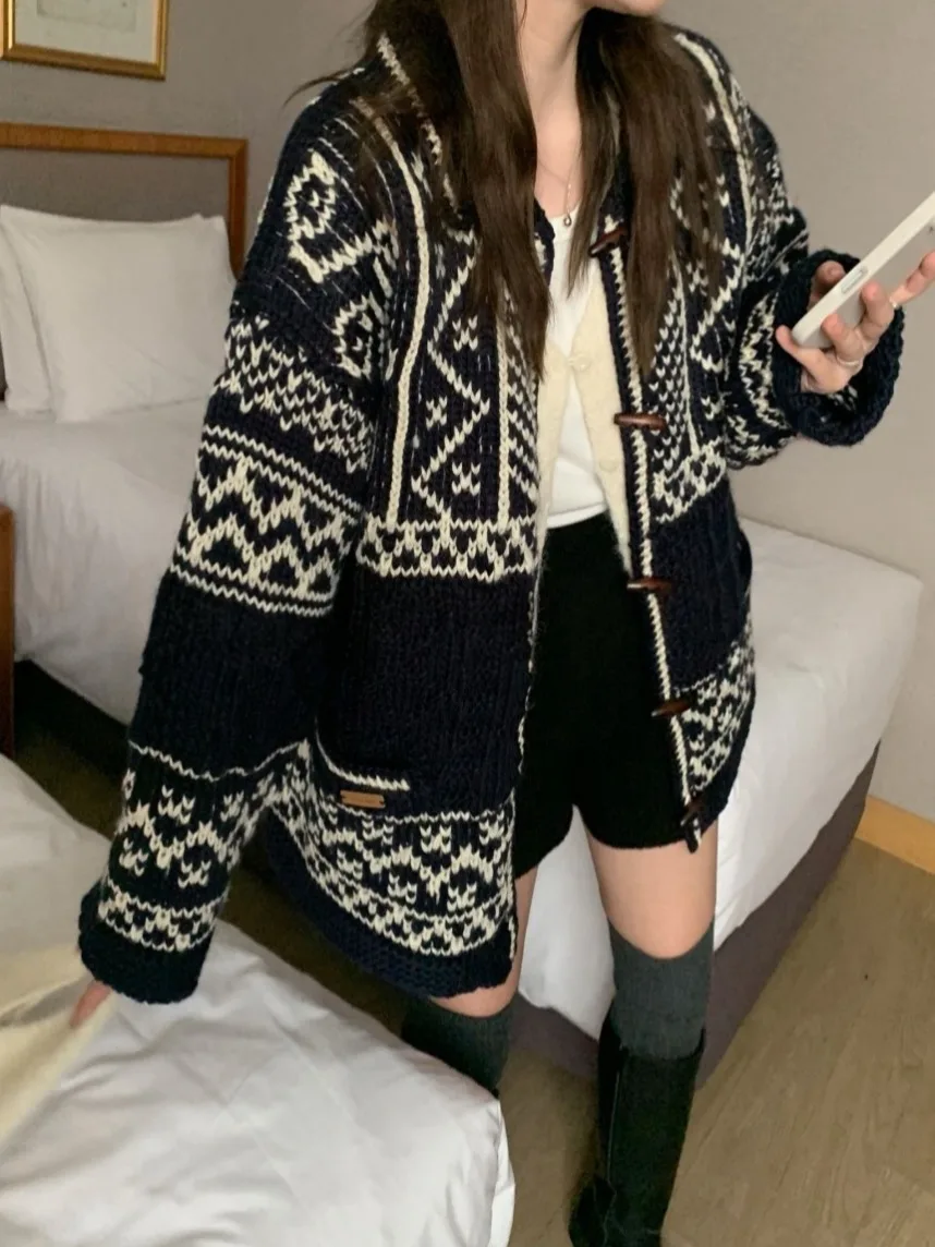 

Ladies' Lazy Sle Fair Isle Knitted Loose Cardigan Winter New Arrival Open Front Sweater Coat with Horn Buttons Soft Korean ...