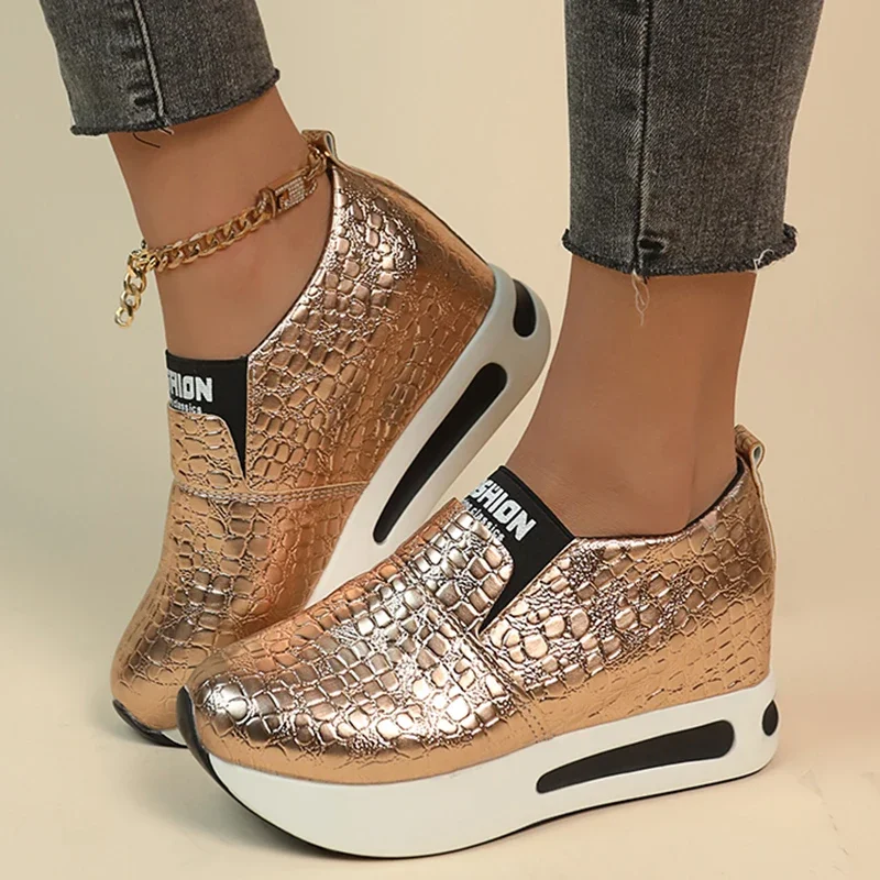 Silver PU Leather Platform Sneakers Women Casual Non-Slip Thick Sole Sports Shoes Woman Plus Size Slip-On Loafers Zapatos Mujer image 4