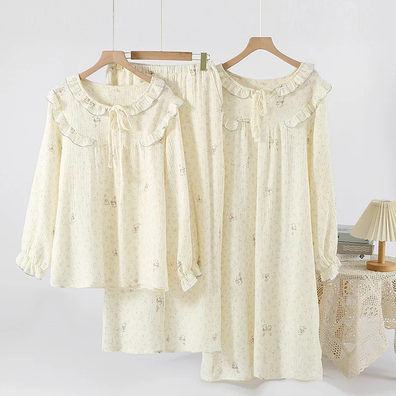 Summer and Autumn Pure Cotton Small Fresh Floral Sweet Home Nightgown Long Set Trousers Suit Home Clothes