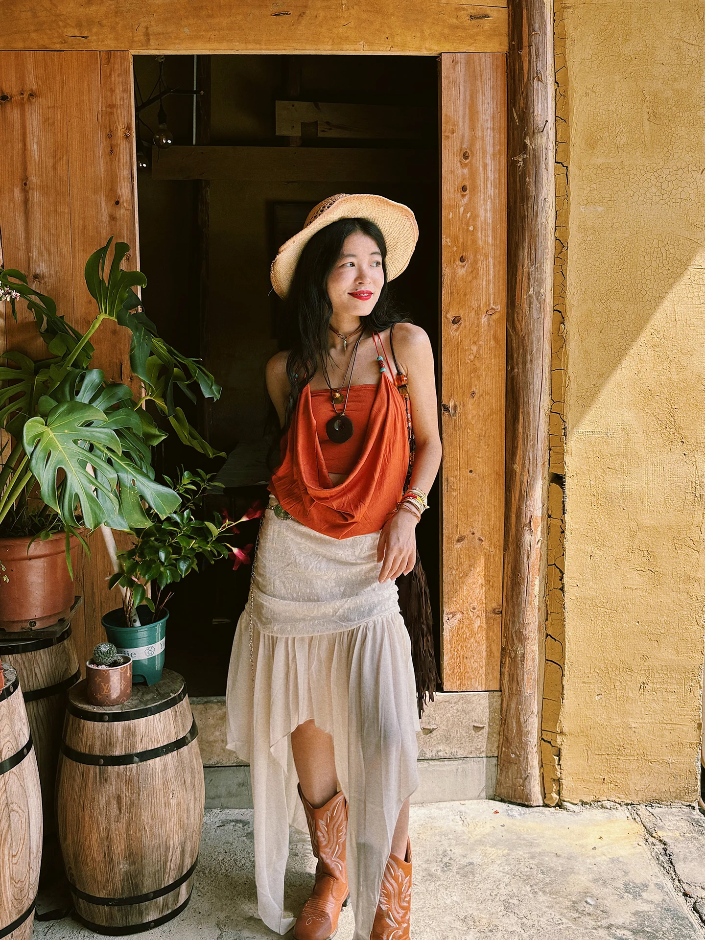 Vestido Largo Plisado Asimétrico Estilo Hippie con Bordado Blanco de Cintura Alta, Temática Desértica, Transpirable y Suave a...