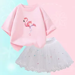 2024 Fashion Girls Summer Clothes Set Short Sleeve Flamingo T Shirt and Tutu Skirt 2 Pcs Outfits for Kids Party Clothes