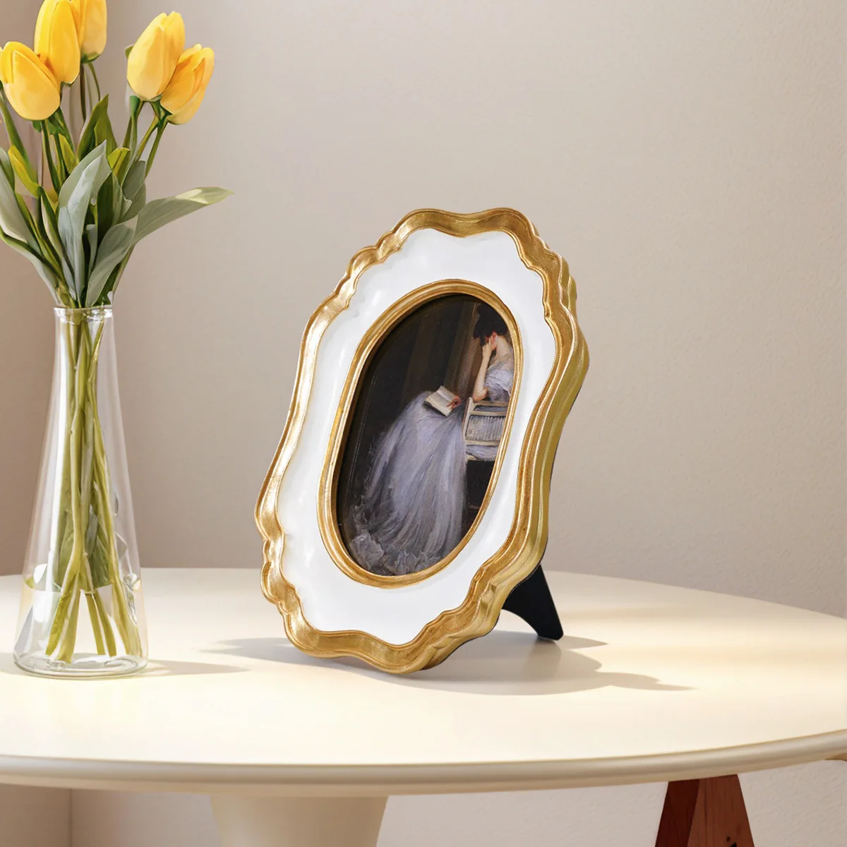 Artistic Oval Resin Frame with Sculpted Wave Band and Warm Gold Accent Edge White 8.2 x 6.1 in For Living Room Wall or Tabletop