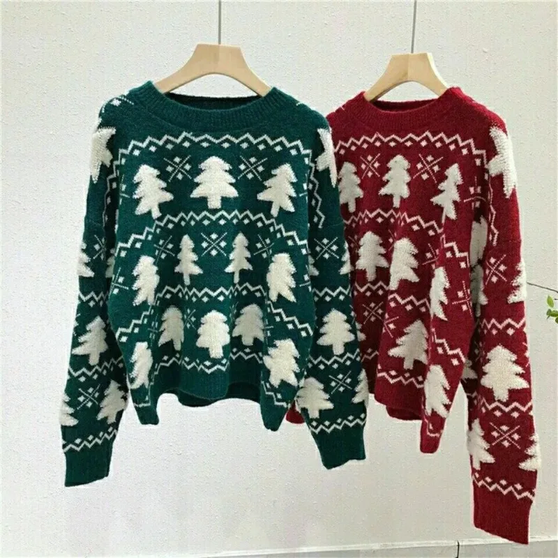 Women\'s Pullover Round Neck Classic Flonce Flonce Christmas Tree Sweater Autumn and Winter Loose Vintage Long Sleeve Knit Tops