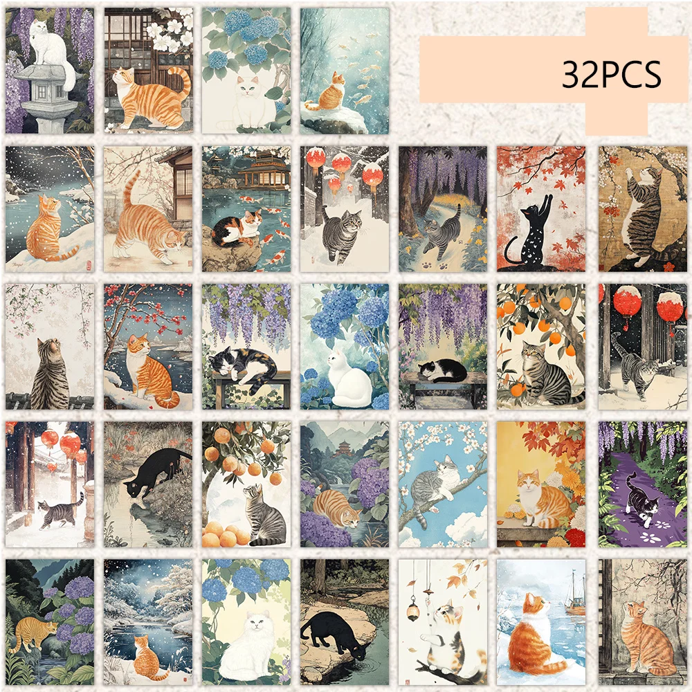 

32pcs,Japanese-style cat ukiyo-e postcards, wall stickers, mailing cards, greeting cards, DIY postcards, commemorative postcards