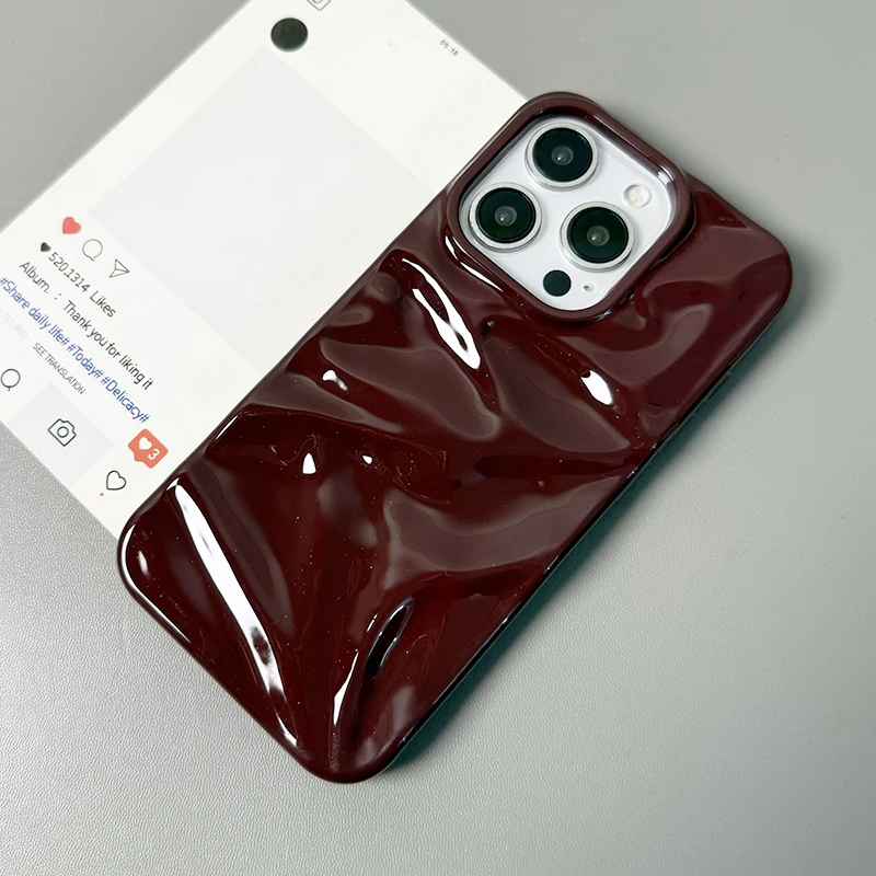 Wine Red 3D Water Ripple Texture Phone Case For iPhone 17 Air 16 15 13 11 12 Pro Max 14 Plus Glossy Silicone Back Cover