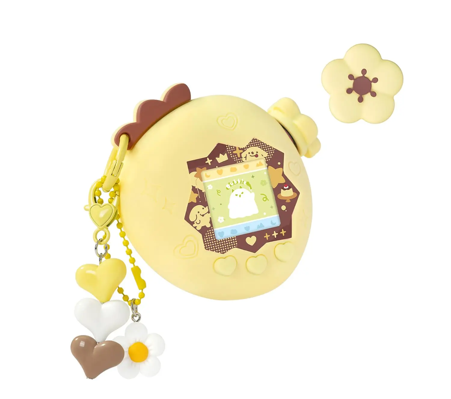 Aardbeibubbel-siliconenhoes voor de Tamagotchi Paradise – schattige beschermhoes met bloemmotief op de afdekking, sticker voor de voorkant en een bedeltje.