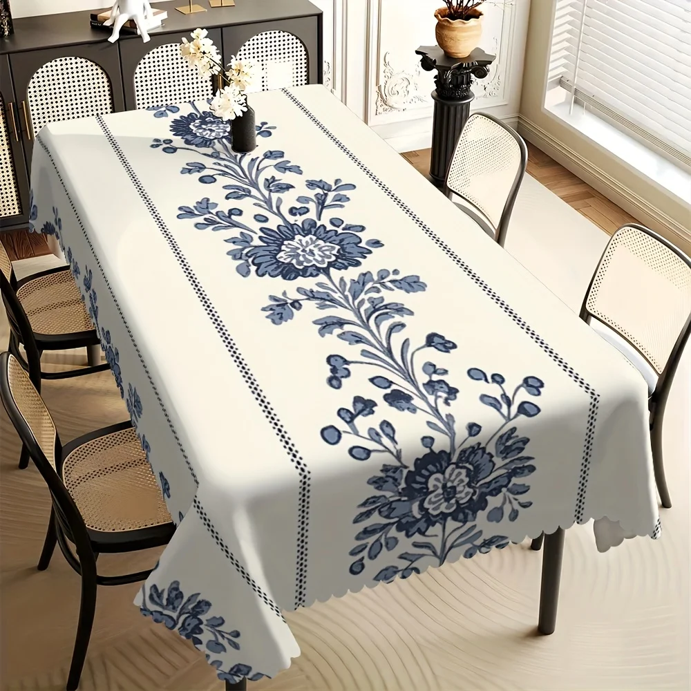 Elegant blue printed rectangular tablecloth with a fan-shaped edge, made of twill polyester.