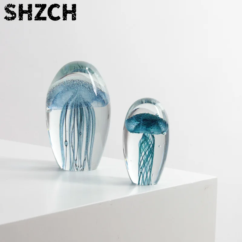 Blue Gradient Glass Handicrafts. Jellyfish Crystal Ball Marine Animal Desktop Decoration. Handmade Glassware