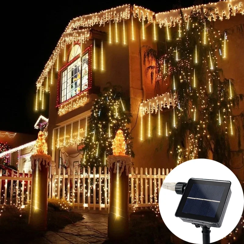 2025 New Year 8 Tube Solar LED Meteor Shower Light 30/50cm Falling for Holiday Fairy String Light Yard Christmas Tree Decoration