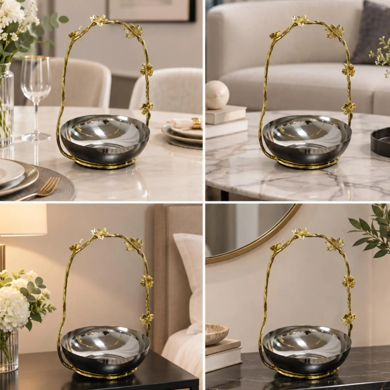 Stainless Steel Fruit Serving Tray Elegant Fruit Tray with Botanical Decorative Elements Mirror-Polished Ornamental