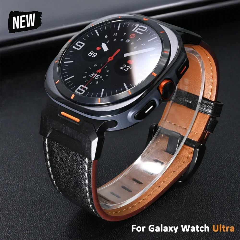 

Luxury Leather+Stainless Steel Bracelet for Samsung Galaxy Watch Ultra 47mm Mecha Band for galaxy WATCH ULTRA Metal No Gap Strap