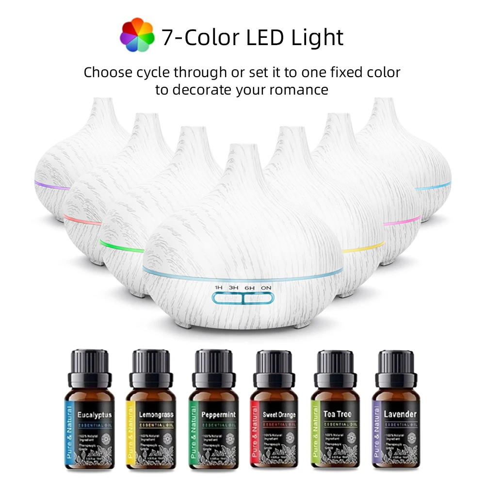 

Диффузор для дома, 550 мл, ультразвуковой увлажнитель воздуха с деревянным диффузором и 6 эфирными маслами, автоматическое отключение, пульт дистанционного управления для релаксации