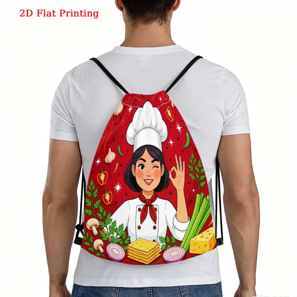 Cartoon Chef Girl Vegetable Pattern 2D Print Drawstring Backpack Fitness Sports Outdoor Travel Bag