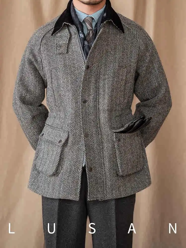 100 Wool Herringbone Heavy Vintage Warm Jacket Vintage Lapel Gentry Italian Monkey Jacket