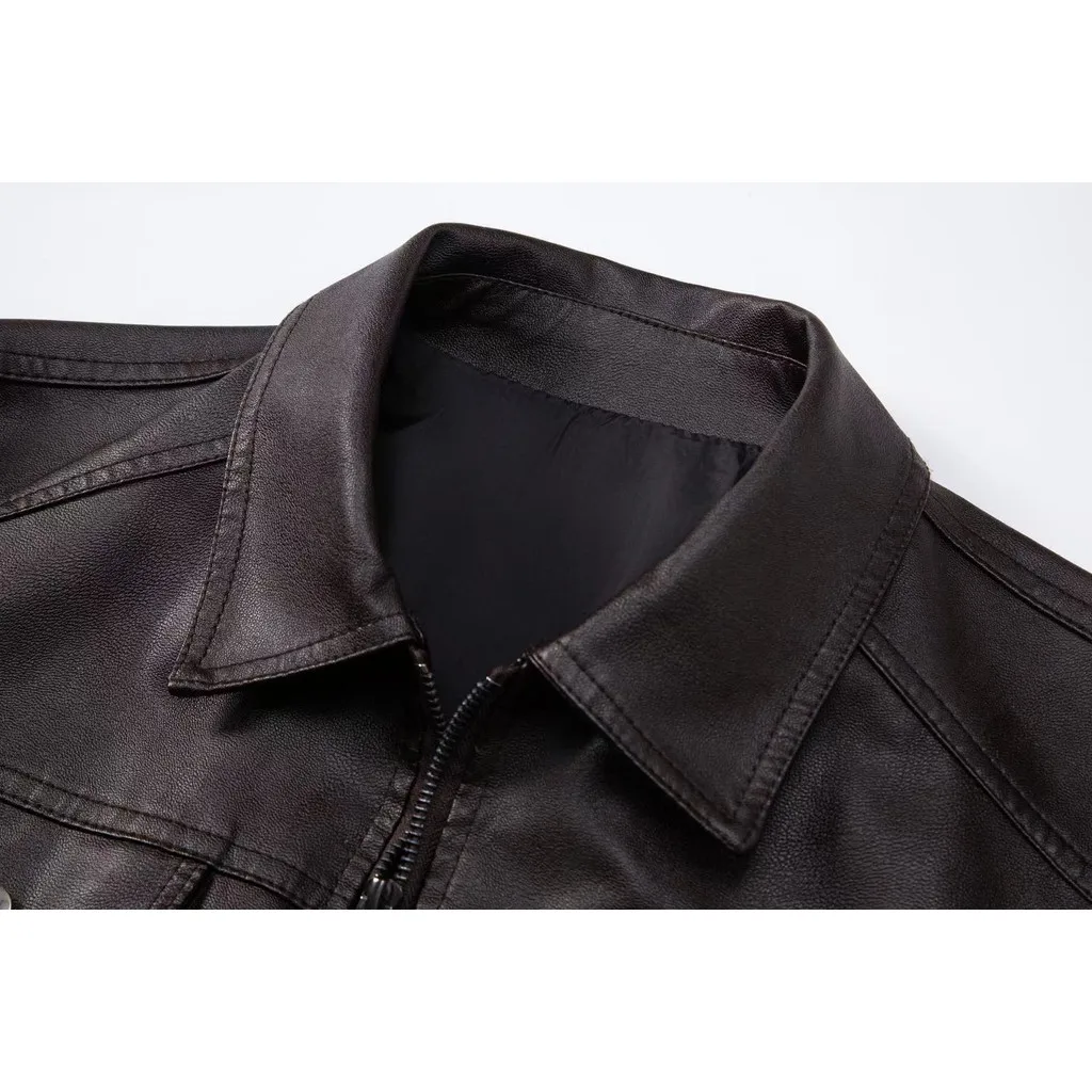 Men's lapel leather jacket autumn oversized slim motorcycle riding suit winter thickened PU leather waterproof work clothes