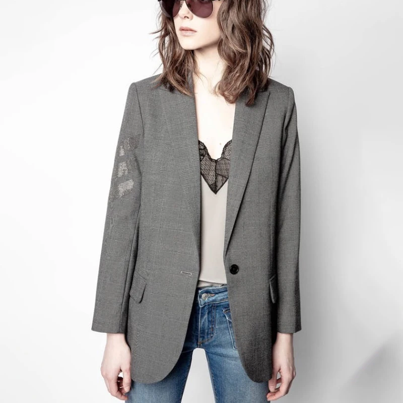 

Zadig Elegant Blazers Women Grey Stylish Plaid Fashion Hot Diamonds Button Pockets Jacket Female New Classic Flap Blazers Top