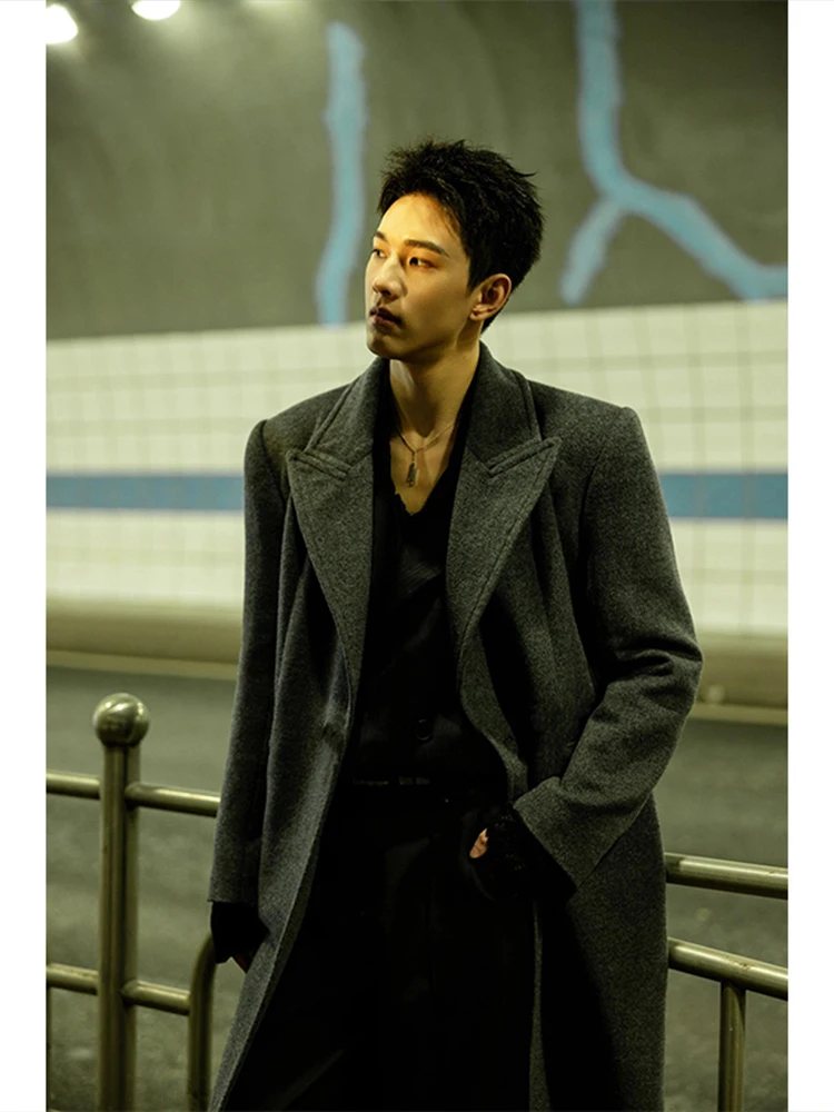 

Korean Sle Woolen Coat Men's Autumn Winter High End Deep ay Windbreaker Mid-Length Over-Knee Trench Coat Polyester Fiber