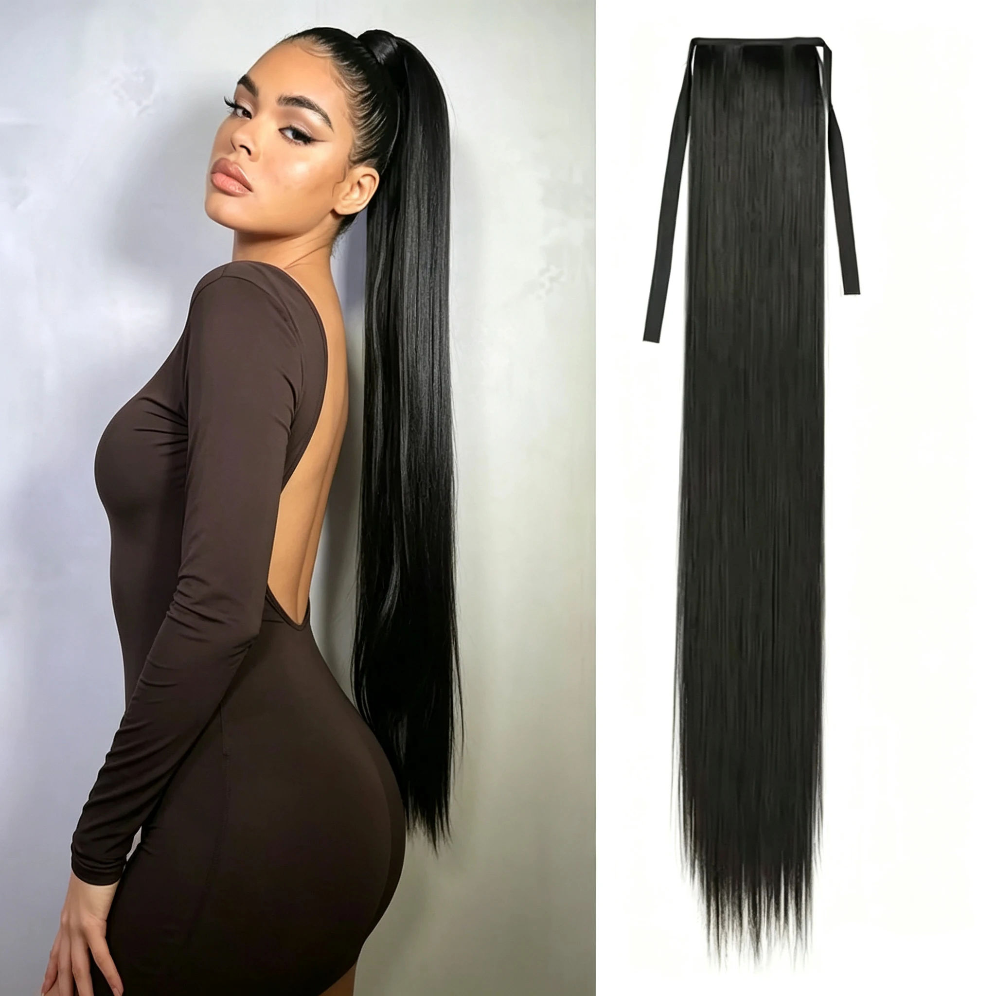 Black Ponytail Extension 22 Inch Long Straight Ponytail Hair Extensions Synthetic Pony Tails Hairpieces for Women Girls Daily