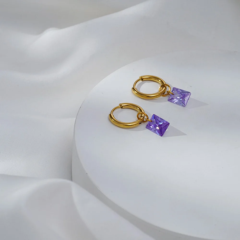 Stainless Steel Europe And America Fashion Square Zircon Stone Round Cricle Hoop Earring Gift For Women