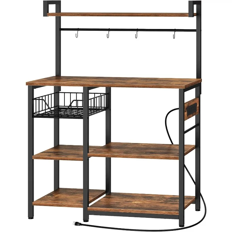 

Bakers Rack with Power Outlet, 35.4 Inches Coffee Bar with Mesh Basket, Microwave Stand with 4 S-Shaped Hooks, Kitchen Ba